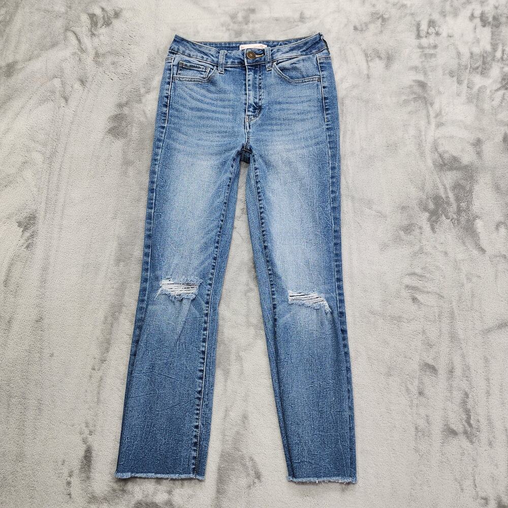 SO Jeans Womens 5 Juniors Blue High Rise Kick Cropped Distressed Raw Hem Stretch